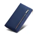 Cartera larga de mujer de cuero genuino azul con bolsillos con cremallera y tarjeteros practica. - Azul
