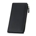Monedero largo de cuero negro para mujer con bolsillo de cremallera y ranuras, granulado. - Negro