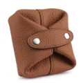 Mini genuine leather coin purse, compact earphone storage bag with snap button closure. - Brown