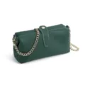 Bolso de maquillaje cruzado de cuero verde oscuro con cadena dorada y costuras blancas, elegante - Verde Oscuro