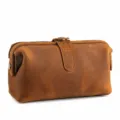 Vintage Brown Crazy Horse Leather Kiss-Lock Cosmetic Bag And Retro Travel Toiletry Pouch - Brown - Crazy Horse Texture