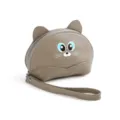 Grey genuine leather cat coin purse with cute ears, printed cat face and handy wrist strap. - Elephant Gray