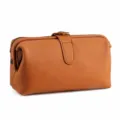 Brown plain leather cosmetic bag, stylish vintage kiss-lock clutch and wash bag for daily use. - Brown - Plain Pattern