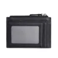 Tarjetero de cuero Saffiano negro Mini billetera delgada con ventana ID y cremallera - Negro