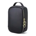 Bolso cosmetico de cuero negro con cremallera dorada y colgante de corazon para viaje - Negro