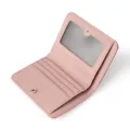 Tarjetero monedero rosa de piel para mujer, cartera pequeña y compacta con ventana transparente. - Rosa Claro