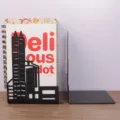 Creative black metal bookends with city skyline silhouette, L-shaped desktop book shelf. - Shenzhen Landmarks