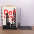Black metal bookends with architectural silhouette, L-shaped heavy duty desktop book organizer. - Hong Kong Landmarks