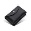 Mini genuine leather coin purse for women, small flap wallet with soft litchi grain texture. - Double Layer / Black