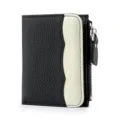 Monedero corto de cuero genuino para mujer color de contraste bifold con cremallera - Negro