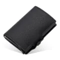 Black PU leather pop up card wallet with RFID blocking and aluminum card holder case. - Black Saffiano Pattern
