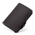 Dark brown textured PU leather automatic pop-up card holder with RFID blocking aluminum case. - Coffee Cross Pattern