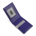 Cartera de cuero morado con pinza para billetes de metal y ventana de identificación. - Azul