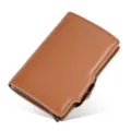 Brown leather RFID blocking pop-up card wallet with slim metal card holder design. - Brown Plain