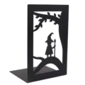 Black metal bookend with wizard and tree silhouette, minimalist desktop book support. - Forest Elf / 2 Pieces Set (110x170mm)