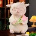 Cute sleeping sheep plush toy doll holding tulip flower, soft stuffed pillow for kids gift. - 25cm
