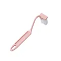 Pink curved cleaning brush with white soft bristles and long handle for bathroom cleaning. - Pink