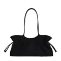 Zwarte suède schoudertas tote voor dames, retro okseltas met dunne schouderbanden en knopen. - Zwart