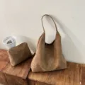 Chic borsa a mano intrecciata marrone da donna, elegante grande borsa a spalla per uso quotidiano. - Kaki