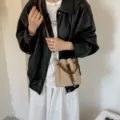 Minimalist suede bucket bag with drawstring closure, brown leather strap for women. - With Pendant / Khaki
