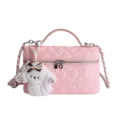 Sac vanity matelassé rose avec bandoulière chaîne et charmant pendentif chiot mignon pour femme. - Rose