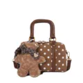 Brown polka dot Boston handbag with cute fluffy bear pendant, stylish casual crossbody bag. - With Charm Style / Brown