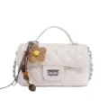 White quilted chain shoulder bag for women, elegant crossbody bag with woven flower pendant. - White