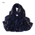Navy blue chiffon scarf with pink floral and bow embroidery. Lightweight neck wrap for women. - Dark Blue