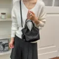 Black woven leather shoulder crossbody bag, vintage design bucket tote handbag for women. - Black