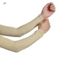 Detail view of elastic breathable arm sleeves in solid beige color, comfortable fit. - Red Gold Flower
