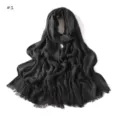 Black crinkled rayon scarf with fringe detail, soft textured long fashion shawl. - Black (#1)