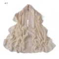Detailed view of elegant solid color chiffon long scarf featuring delicate camellia embroidery. - Beige