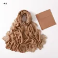 Detail shot of solid color modal lace long scarf and matching elastic inner cap set in beige. - 190cm / Style 8