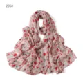 Detailed view of lightweight floral chiffon scarf with red stripes, soft and elegant accessory. - 295#