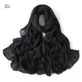 Black modal crinkled long scarf detail view, breathable soft texture, rolled edges shawl. - Style 1