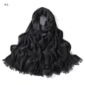 Women dark grey long scarf with subtle pleated stripes and fringe, soft breathable cotton. - Black