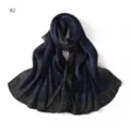 Pleated long scarf with black and white dotted edge, elegant navy blue design for women. - Pattern #2