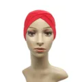 Red modal stretch cross turban cap for women comfortable solid color hijab inner cap - Red