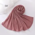 Solid color crinkle hijab scarf, lightweight breathable long polyester shawl for daily wear. - Pink Purple