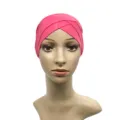 Details of the pink modal cross front hijab inner cap, soft stretch turban for women daily wear. - Bright Pink