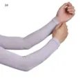 Detail shot of breathable modal arm sleeves in light purple, stretchy and comfortable for daily wear. - US Size 9