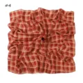 Red beige plaid chiffon square scarf detail, lightweight translucent fabric texture display. - Black Polka Dot