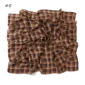 Detailed view of the vintage brown plaid chiffon square scarf, soft fabric close-up. - Beige Geometric