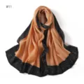 Detailed view of the pleated women scarf with chic contrast polka dot border and breathable fabric. - Style #11
