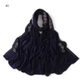 Detailed view of the dark blue jersey scarf featuring exquisite rhinestone flower patterns. - Dark Blue