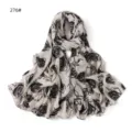 Close-up detail of white and black rose printed chiffon long scarf, lightweight and breathable. - 276#