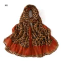 Women stylish pleated long scarf with vintage leopard print and orange color block design. - Style #8