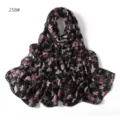 Detailed view of the floral print chiffon scarf, soft fabric with black background design. - 258#