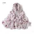Detailed view of the lightweight chiffon floral scarf, showing fine purple print texture. - 259#