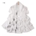 High-quality draped white chiffon long scarf shawl with elegant rhinestone rose patterns for women. - 11#